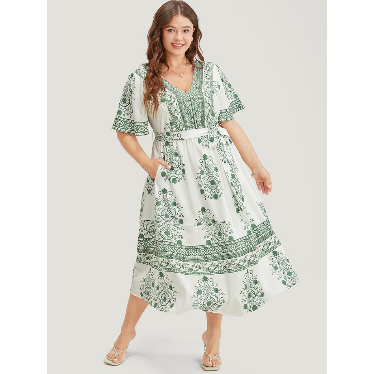 Plus Size Bandana Print Ruffle Sleeve Pocket Belted Midi Dress Green Women Vacation Lined V-neck Short sleeve Curvy Midi Dress BloomChic 22-24/3X Product Image