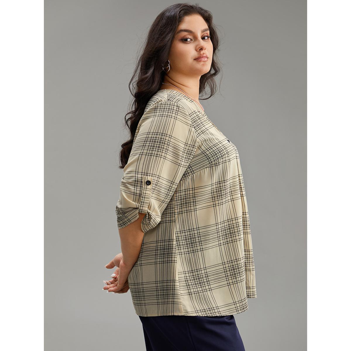 Plus Size Beige Plaid Button Through Roll Tab Sleeve Blouse Women Office Half Sleeve V-neck Work Blouses BloomChic 28/5X Product Image