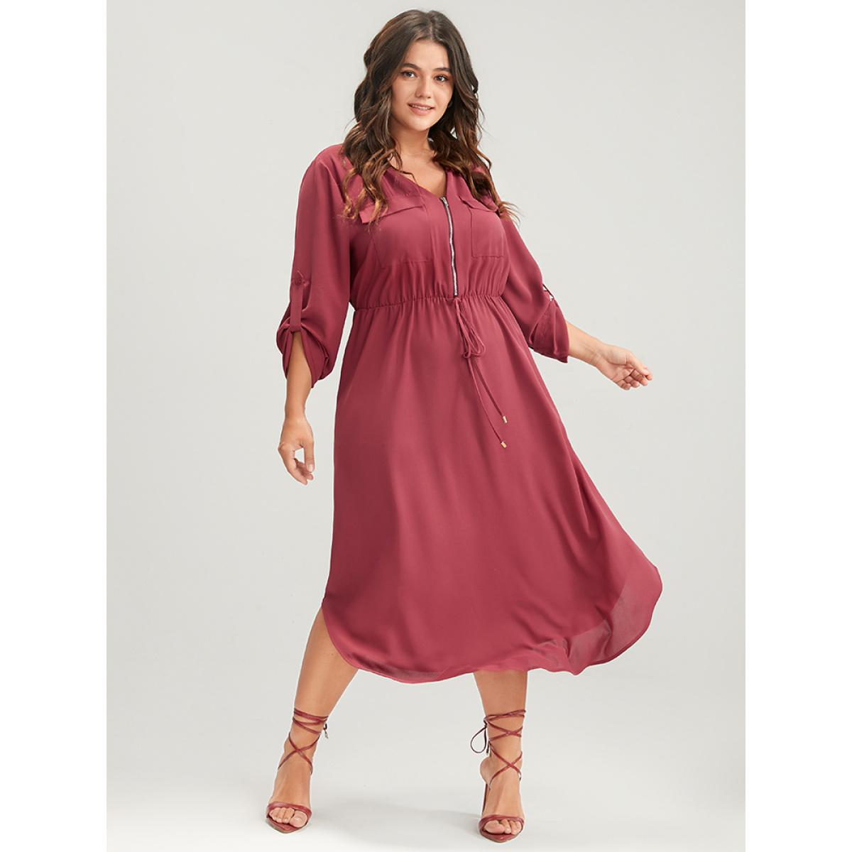 Plus Size Solid Zipper Cuffed Sleeve Pocket Tie Up Asymmetrical Hem Dress Russet Women Office Zipper V-neck Long Sleeve Curvy Midi Dress BloomChic 26/4X Product Image