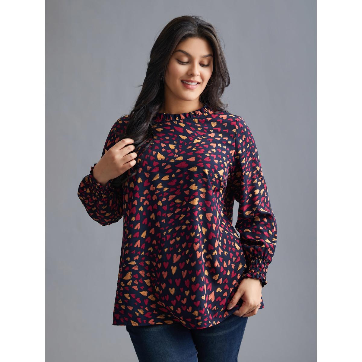 Plus Size Indigo Hearts All Over Ruffled Neckline Blouse Women Elegant Extra Long Sleeve Round Neck Everyday Blouses BloomChic 30/6X Product Image