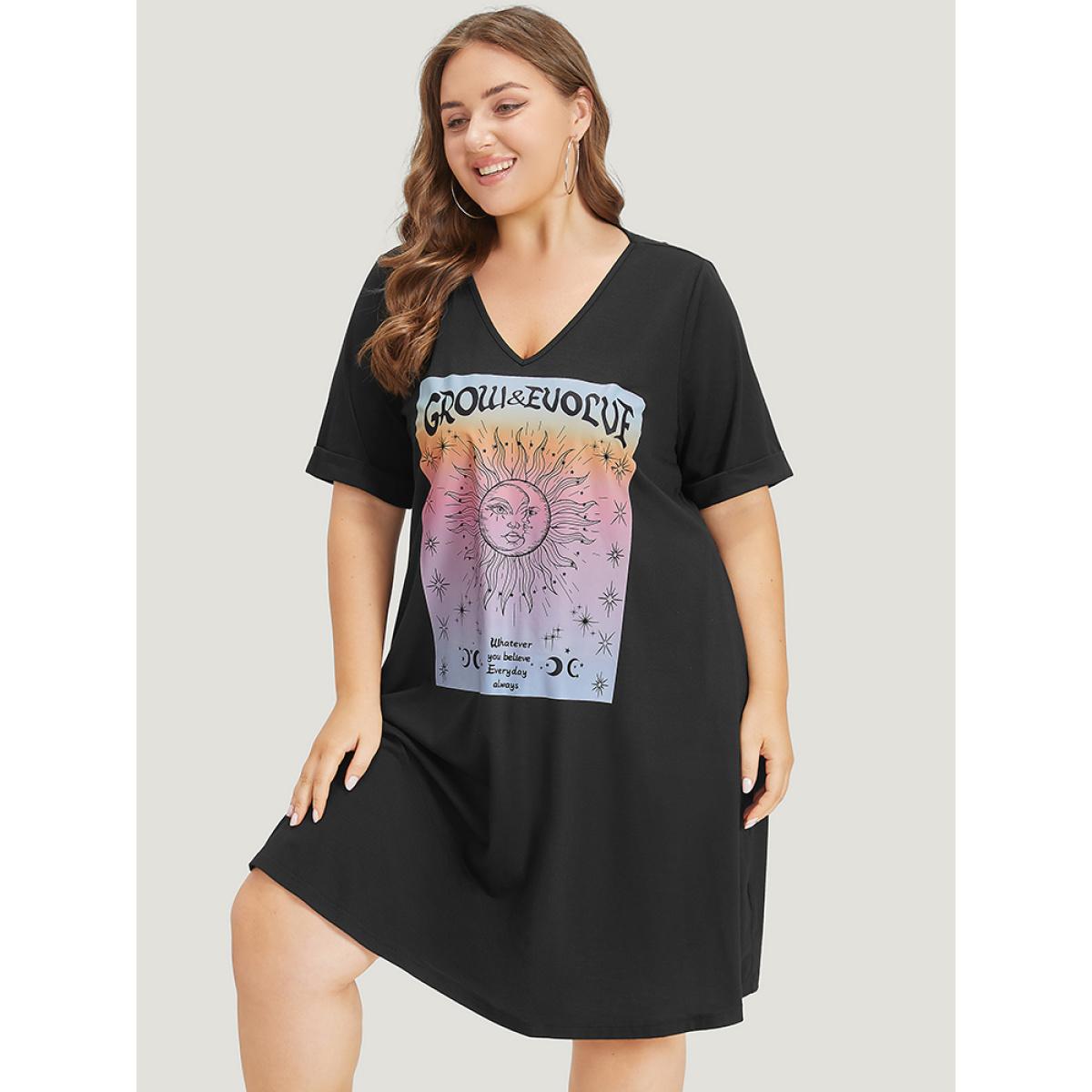 Plus Size Supersoft Essentials Horoscope Print Pocket Roll Sleeve Dress Black Women Casual Plain V-neck Short sleeve Curvy Midi Dress BloomChic 18-20/2X Product Image