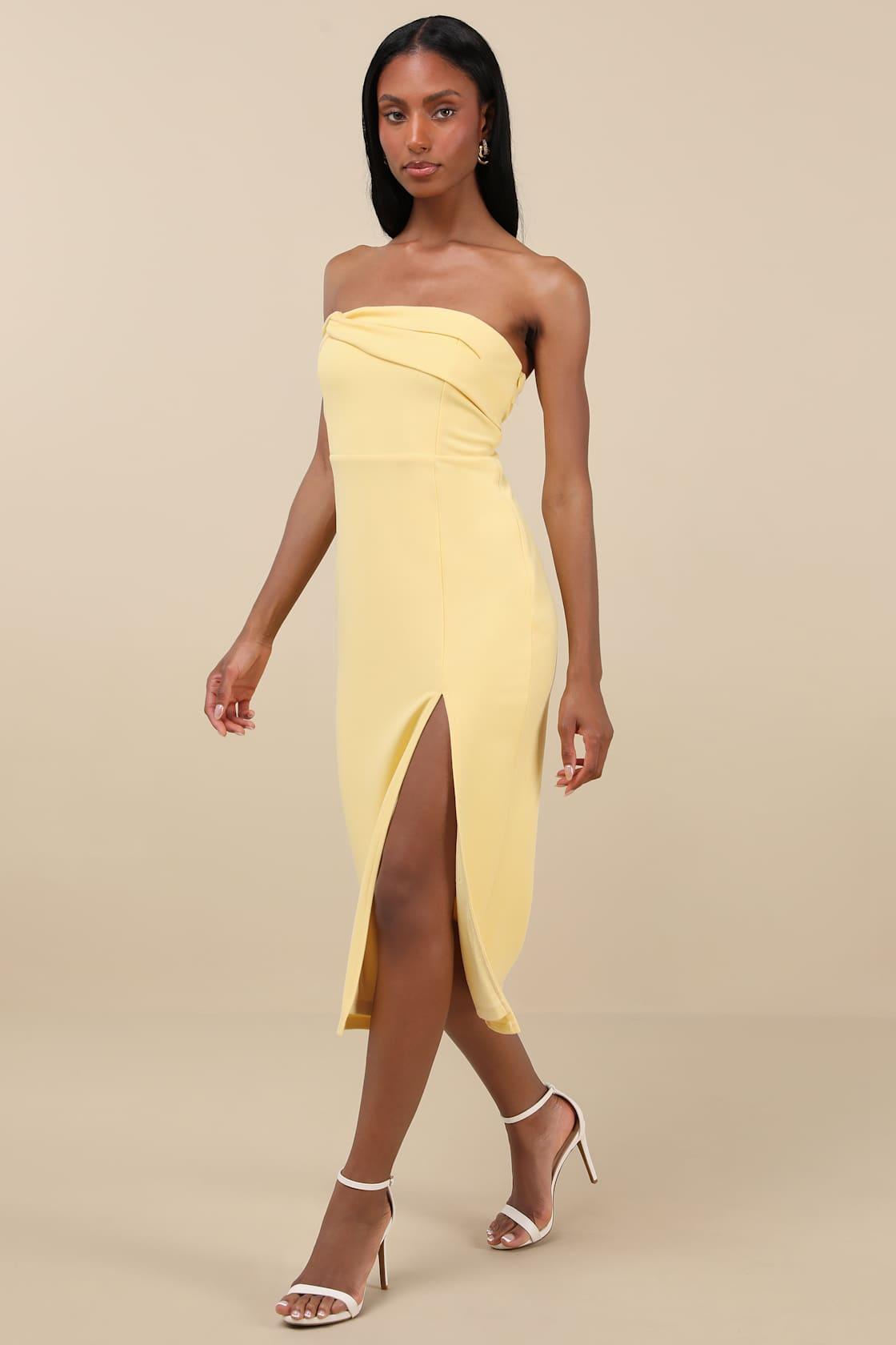 Twist and Make Up Light Yellow One-Shoulder Bodycon Midi Dress Product Image