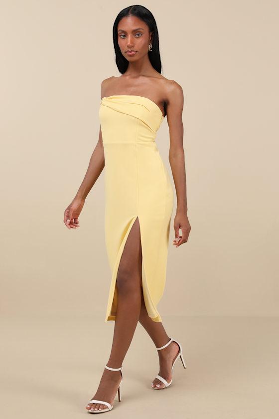 Twist and Make Up Light Yellow One-Shoulder Bodycon Midi Dress Product Image