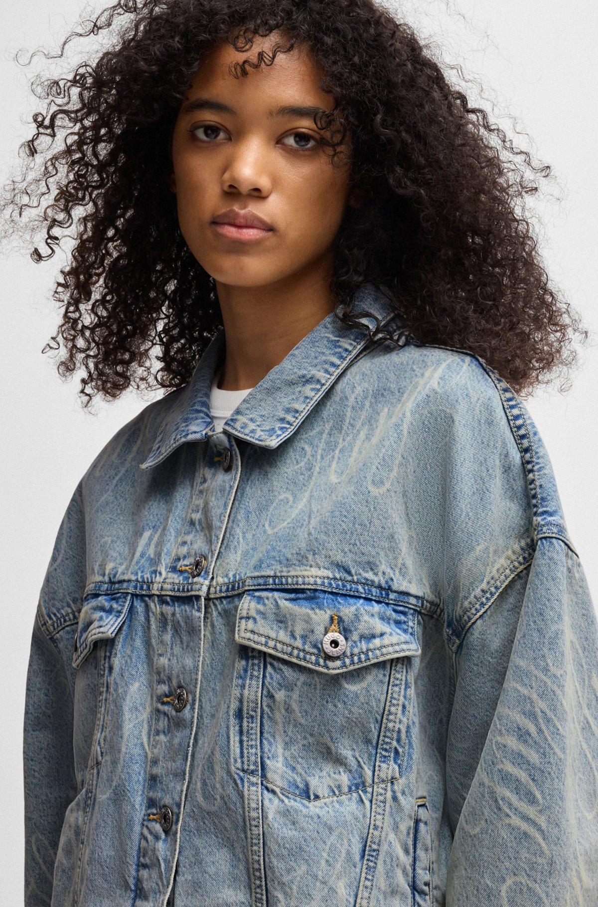 HUGO - Boxy-fit jacket in logo-print rigid denim - Patterned Product Image