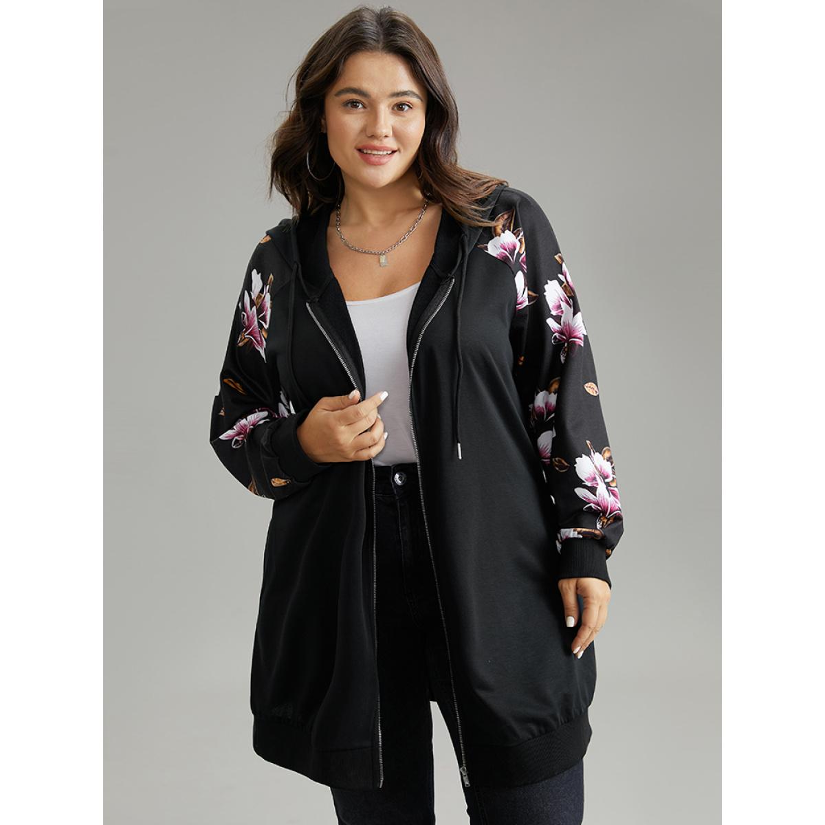 Plus Size Floral Zipper Hooded Patchwork Raglan Sleeve Sweatshirt Women Black Casual Rib Knit Hooded Dailywear Sweatshirts BloomChic 30/6X Product Image