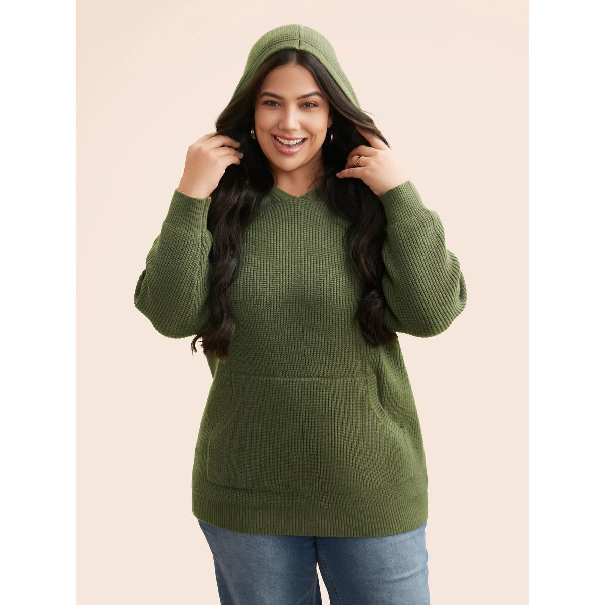 Plus Size Supersoft Essentials Plain Textured Hooded Pullover ArmyGreen Women Casual Loose Long Sleeve Hooded Everyday Pullovers BloomChic 12/L Product Image