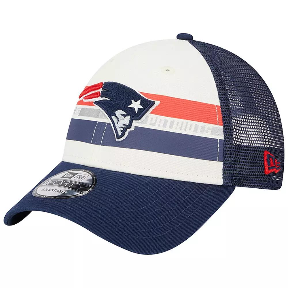 Men's New Era Cream/Navy New England Patriots Team Stripe Trucker 9FORTY Snapback Hat, Beige Product Image