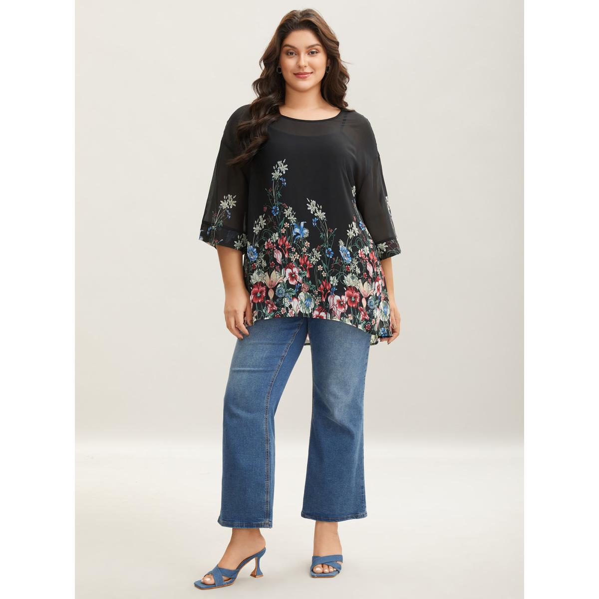Plus Size Black Floral Print Sheer Round Neck Blouse Women Elbow-length sleeve Round Neck Everyday-Elegant Blouses BloomChic 30/6X Product Image