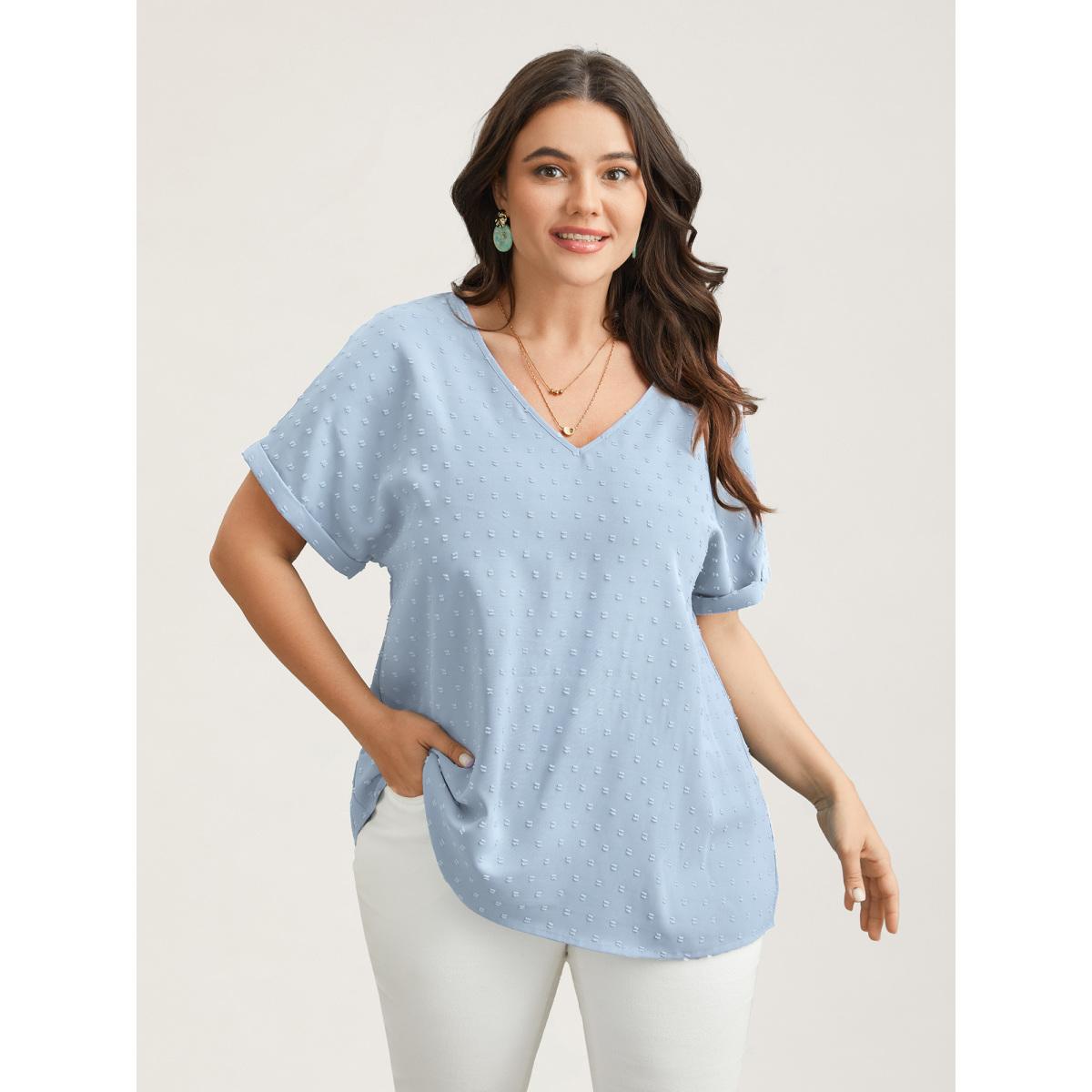 Plus Size LightBlue Back-Button Textured V-Neck Shirt Women Timeless Short sleeve V-neck Elegant Blouses BloomChic 28/5X Product Image