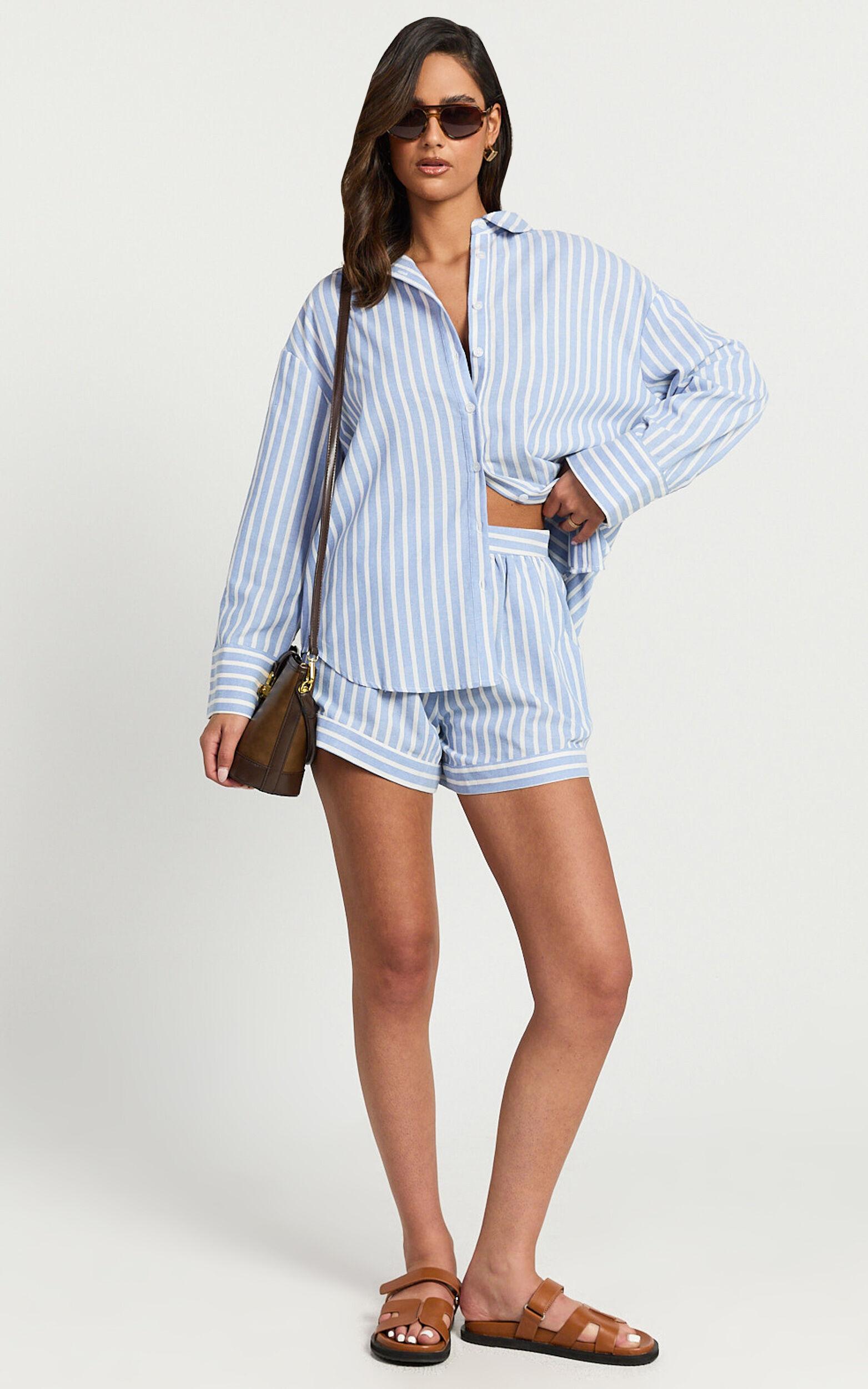 Tori Shorts - High Waist A Line Stripe Shorts in Light Blue Stripe Product Image