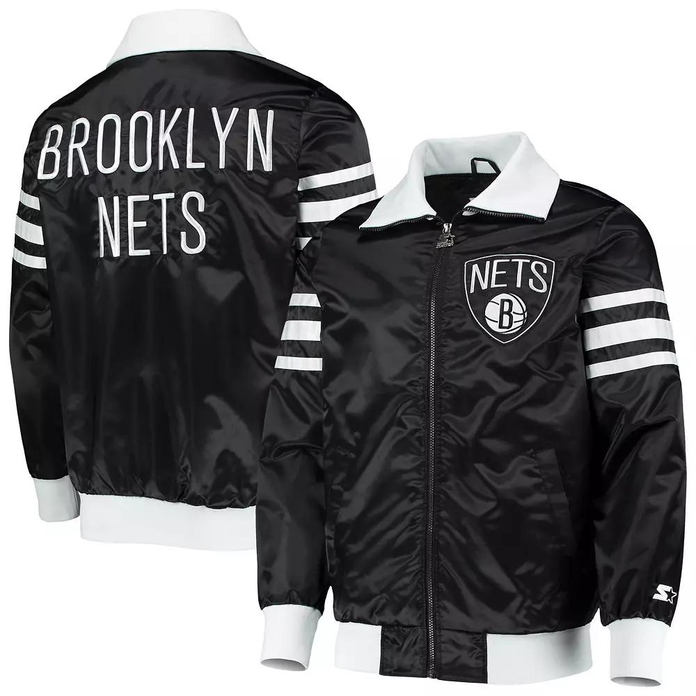 Men's Starter Black Brooklyn Nets The Captain II Full-Zip Varsity Jacket, Size: Large Product Image