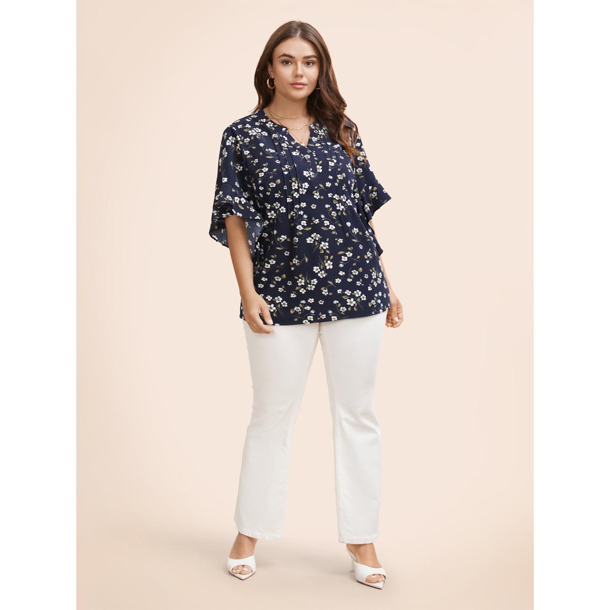 Plus Size Indigo Notched Floral Pleated Ruffle Sleeve Blouse Women Elegant Half Sleeve Flat collar with V-notch Everyday Blouses BloomChic 12/L Product Image