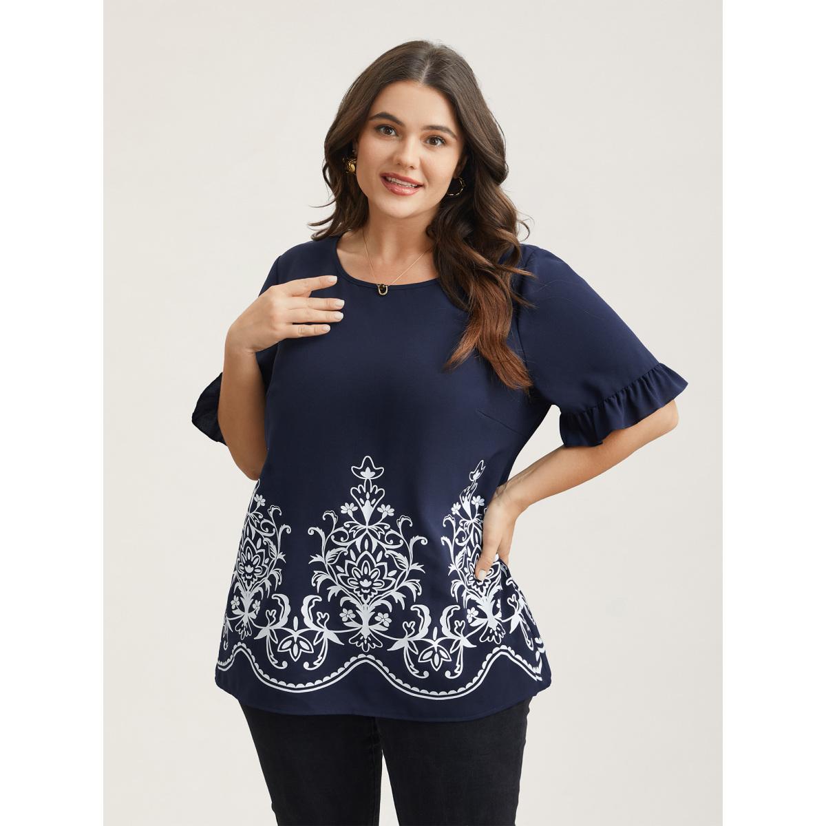 Plus Size Indigo Floral Print Round Neck Ruffled Sleeve Shirt Women Elegant Short sleeve Round Neck Everyday Blouses BloomChic 30/6X Product Image