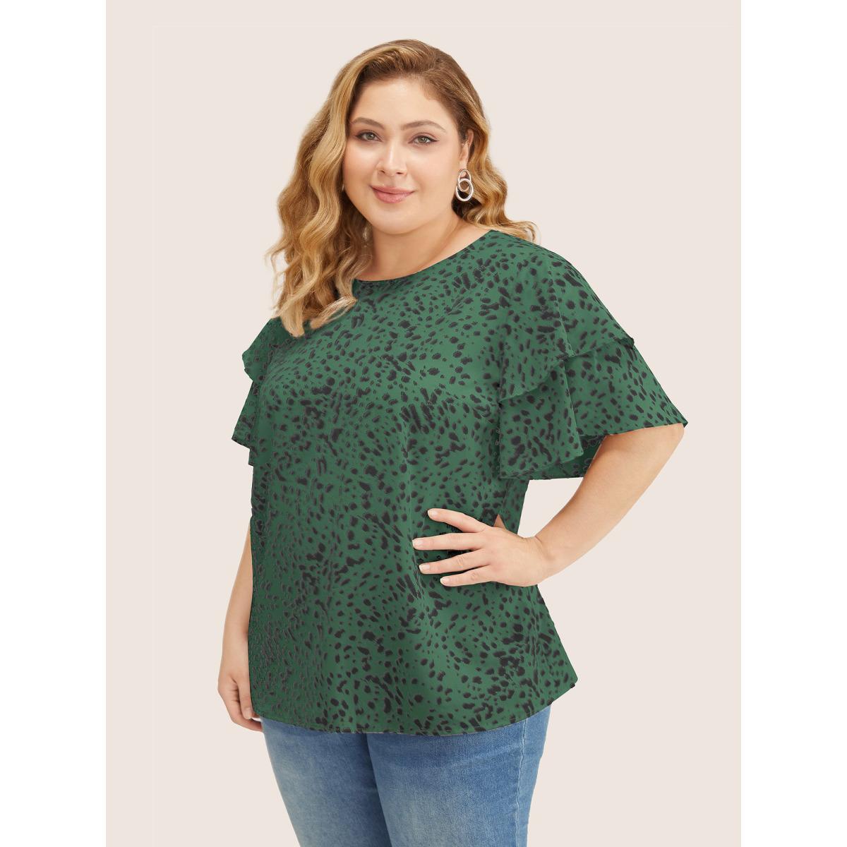 Plus Size Green Leopard Crew Neck Ruffle Tiered Sleeve Blouse Women Elegant Short sleeve Round Neck Everyday Blouses BloomChic 30/6X Product Image