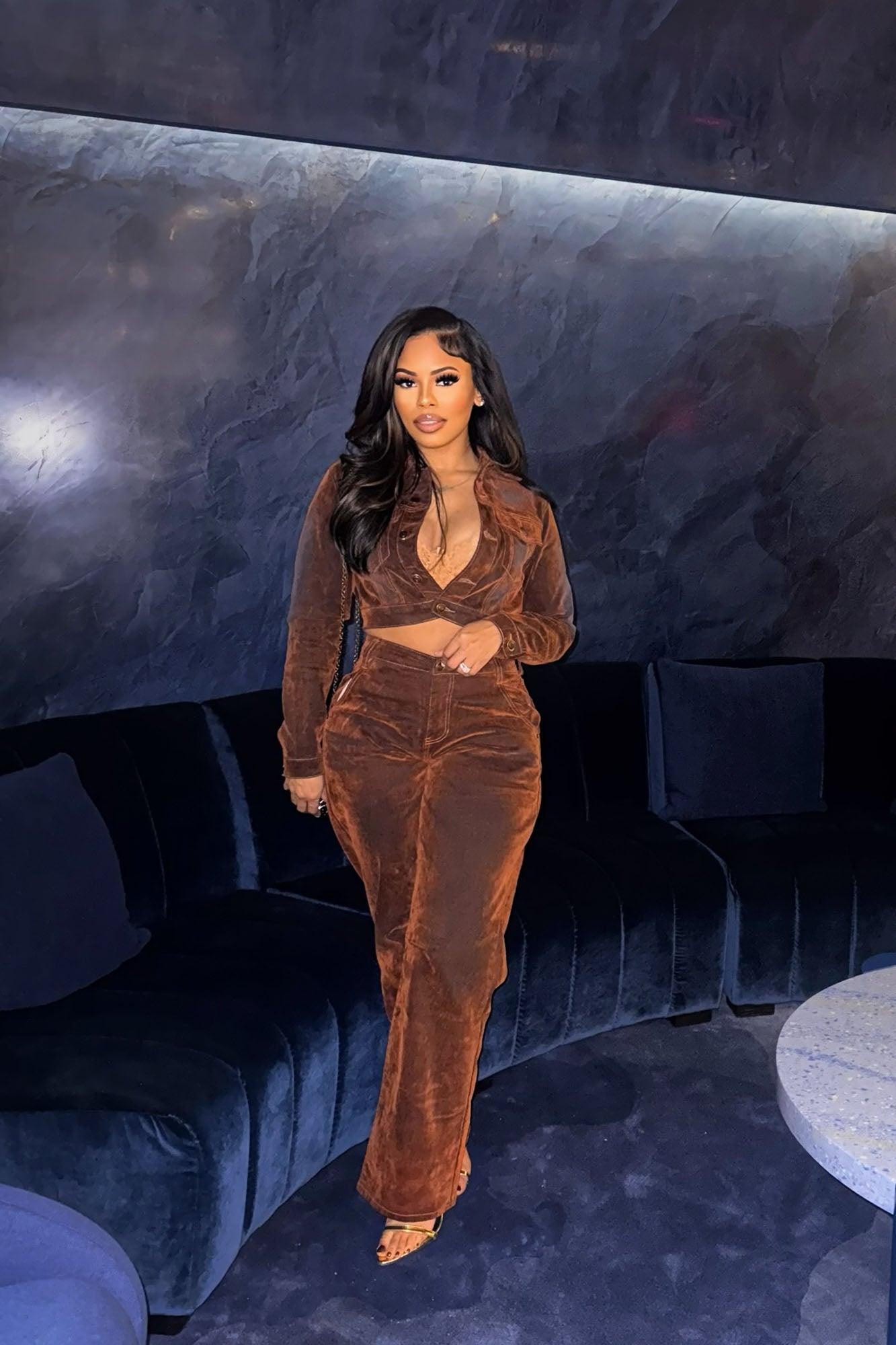 Karmic Stretch Velvet Denim Trucker Jacket - Rust Product Image