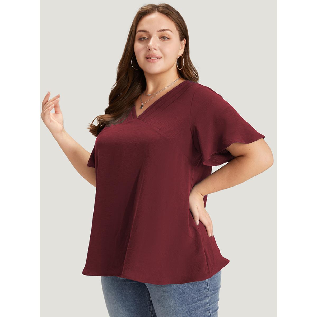 Plus Size Burgundy Solid Pleated V Neck Blouse Women Office Short sleeve V-neck Dailywear Blouses BloomChic 22-24/3X Product Image
