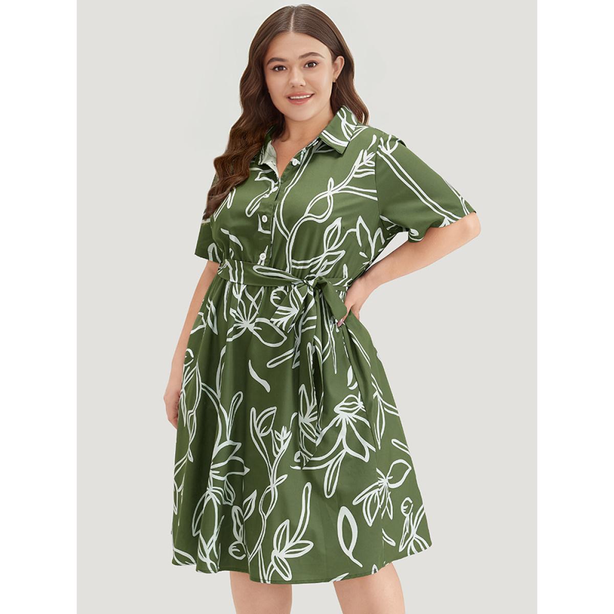Plus Size Graphic Print Belted Shirt Collar Button Up Dress Sage Women Office Belted Shirt collar Short sleeve Curvy Midi Dress BloomChic 30/6X Product Image