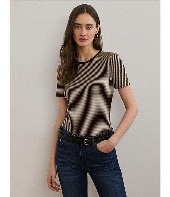 Lauren Ralph Lauren Knit Striped Stretch Cotton Crew Neck Short Sleeve Tee Product Image