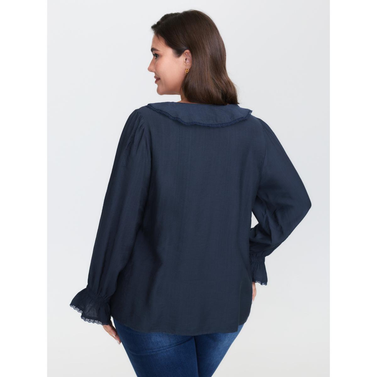Plus Size DarkBlue Ruffled Neckline Stretchy Cuffs Blouse Women Romantic Extra Long Sleeve Lace collar Elegant Blouses BloomChic 22-24/3X Product Image