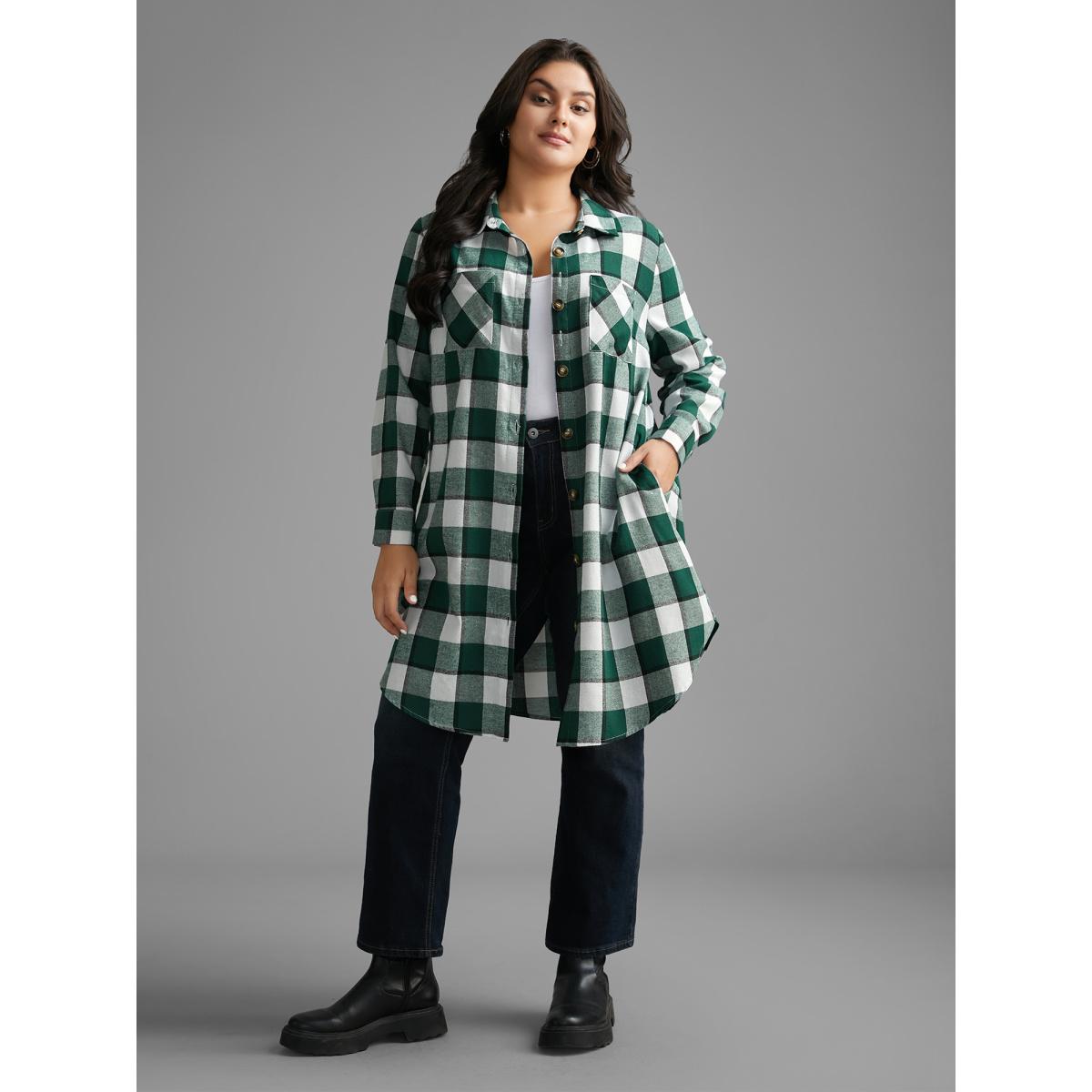 Plus Size Plaid Patched Pocket Arc Hem Jacket Women DarkGreen Button Loose Side seam pocket Everyday Jackets BloomChic 26/4X Product Image