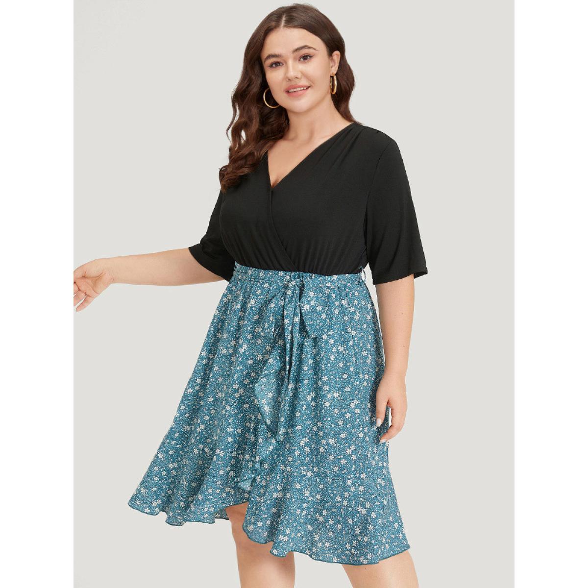 Plus Size Ditsy Floral Pocket Patchwork Belted Wrap Ruffle Dress Cerulean Women Office Plain V-neck Half Sleeve Curvy Knee Dress BloomChic 18-20/2X Product Image