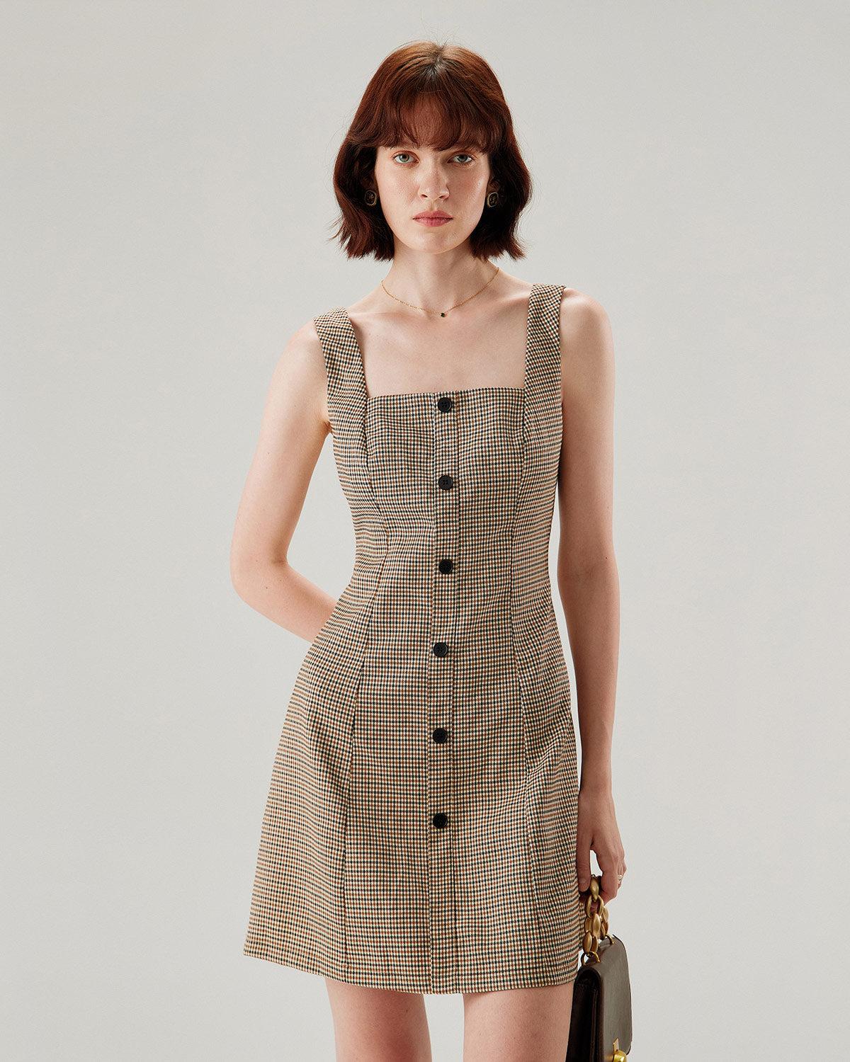 Brown Plaid Button Slip Mini Dress Product Image