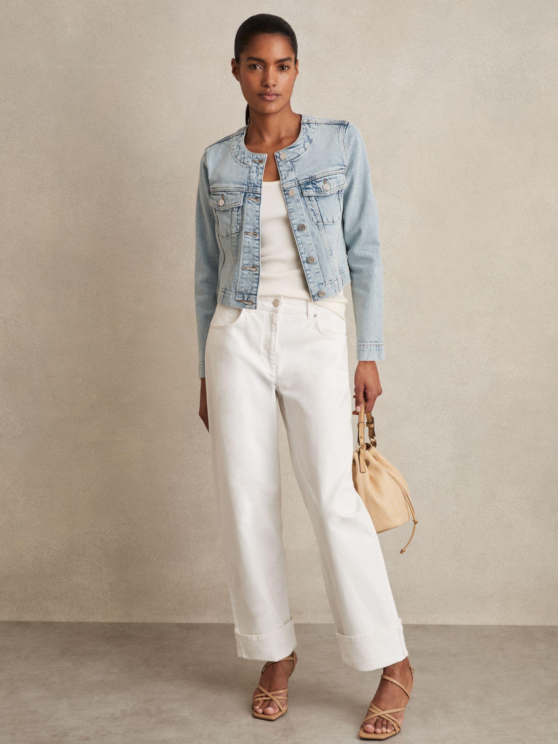 Collarless Cropped Denim Jacket in Light Blue Product Image
