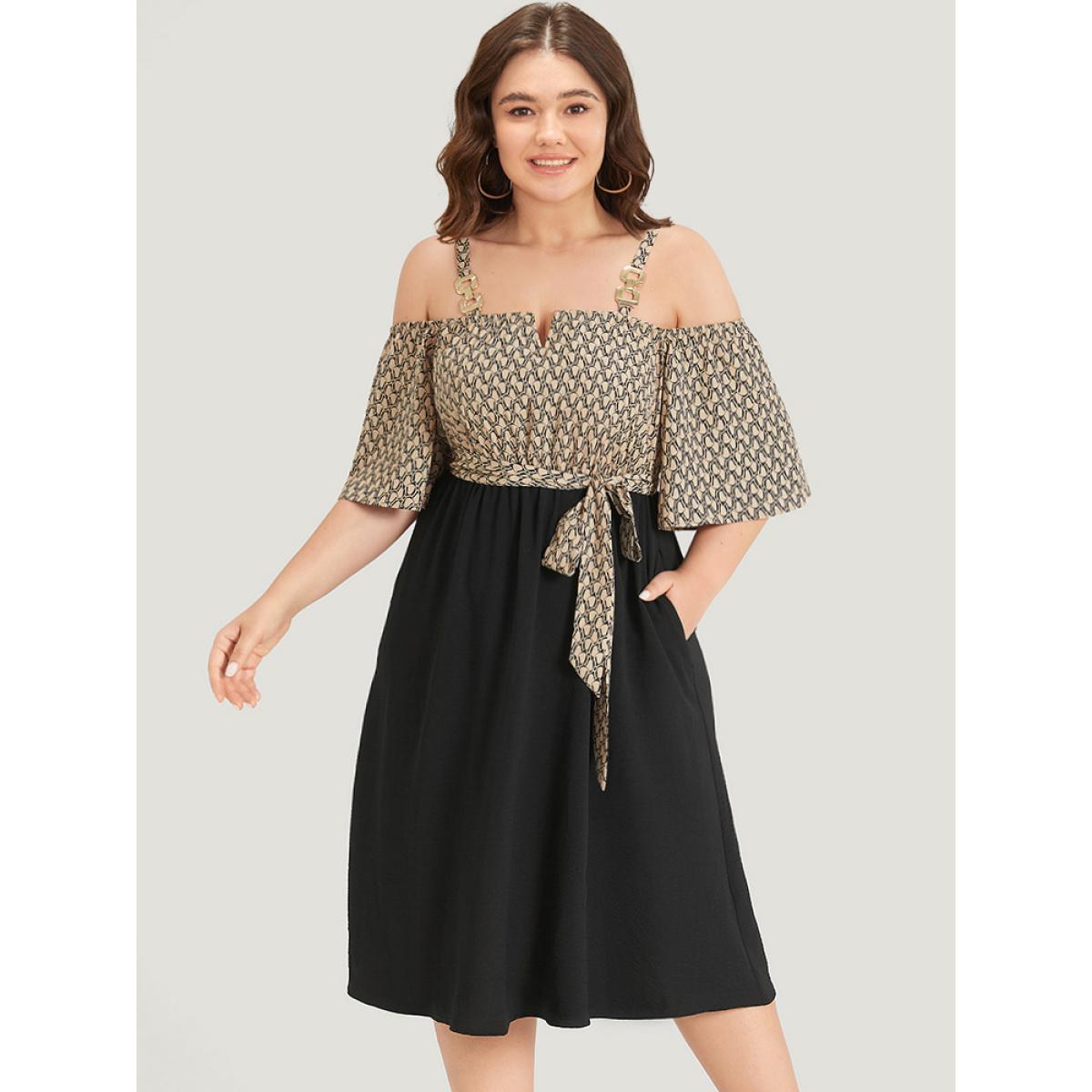 Plus Size Geometric Patchwork Pocket Belted Cold Shoulder Dress Tan Women Office Adjustable Straps Keyhole Cut-Out Half Sleeve Curvy Knee Dress BloomChic 14-16/1X Product Image