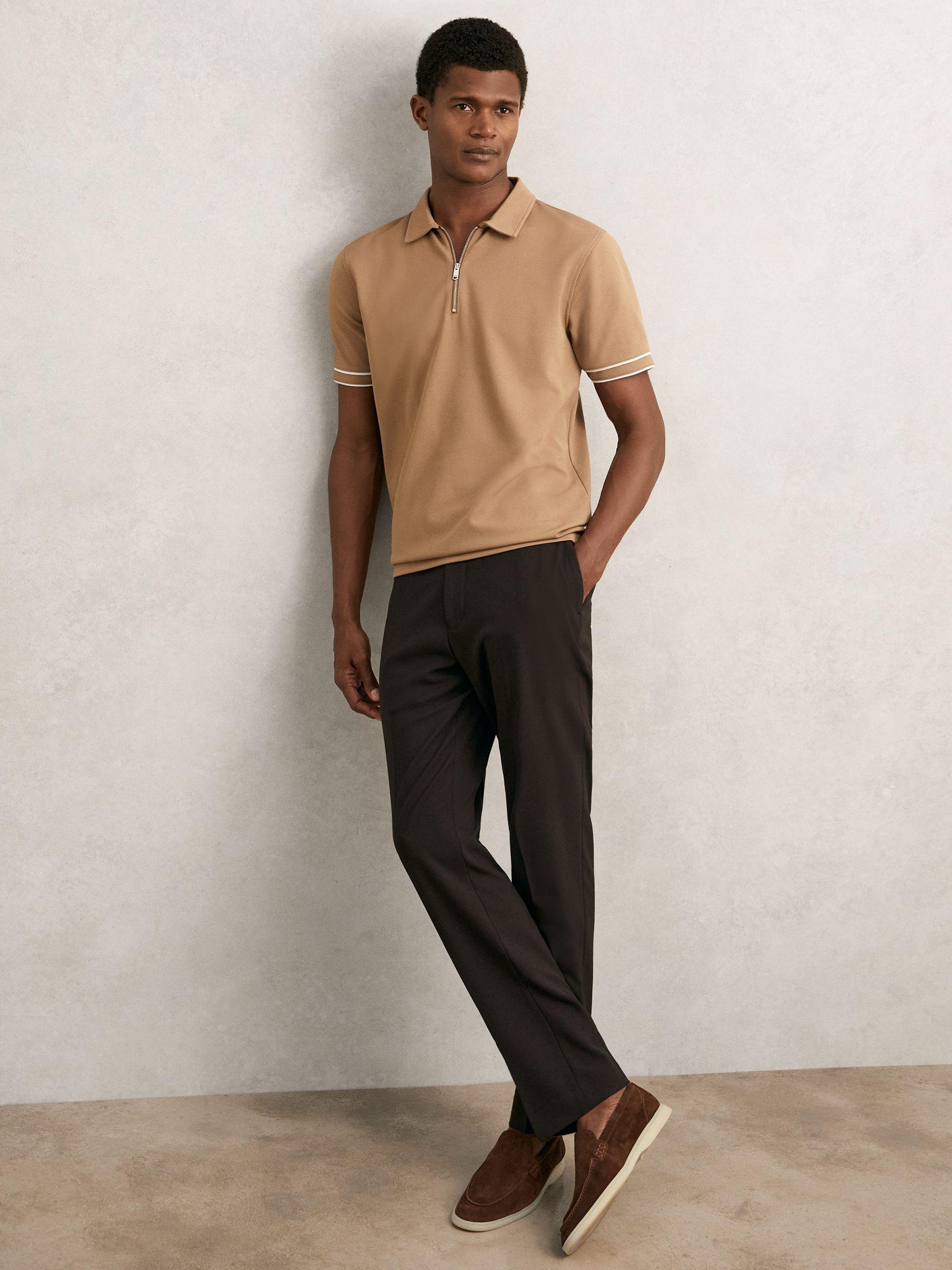 Textured Half-Zip Tipped Polo Shirt in Camel Product Image