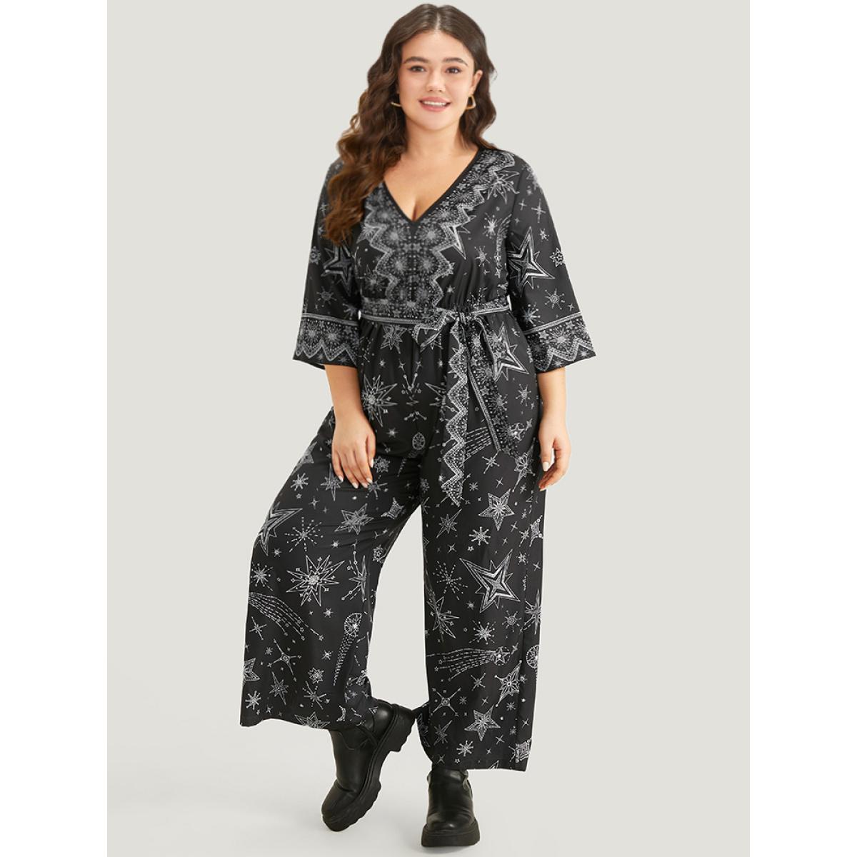 Plus Size Black Halloween Star Print Belted V Neck Jumpsuit Women Elegant Elbow-length sleeve V-neck Festival-Halloween Loose Jumpsuits BloomChic 30/6X Product Image