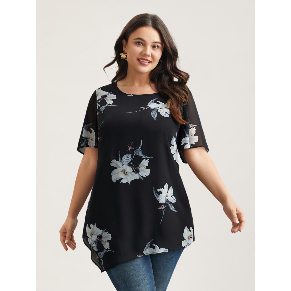Plus Size Black Chiffon Floral Round Neck Shirt Women Timeless Short sleeve Round Neck Elegant Blouses BloomChic 30/6X Product Image