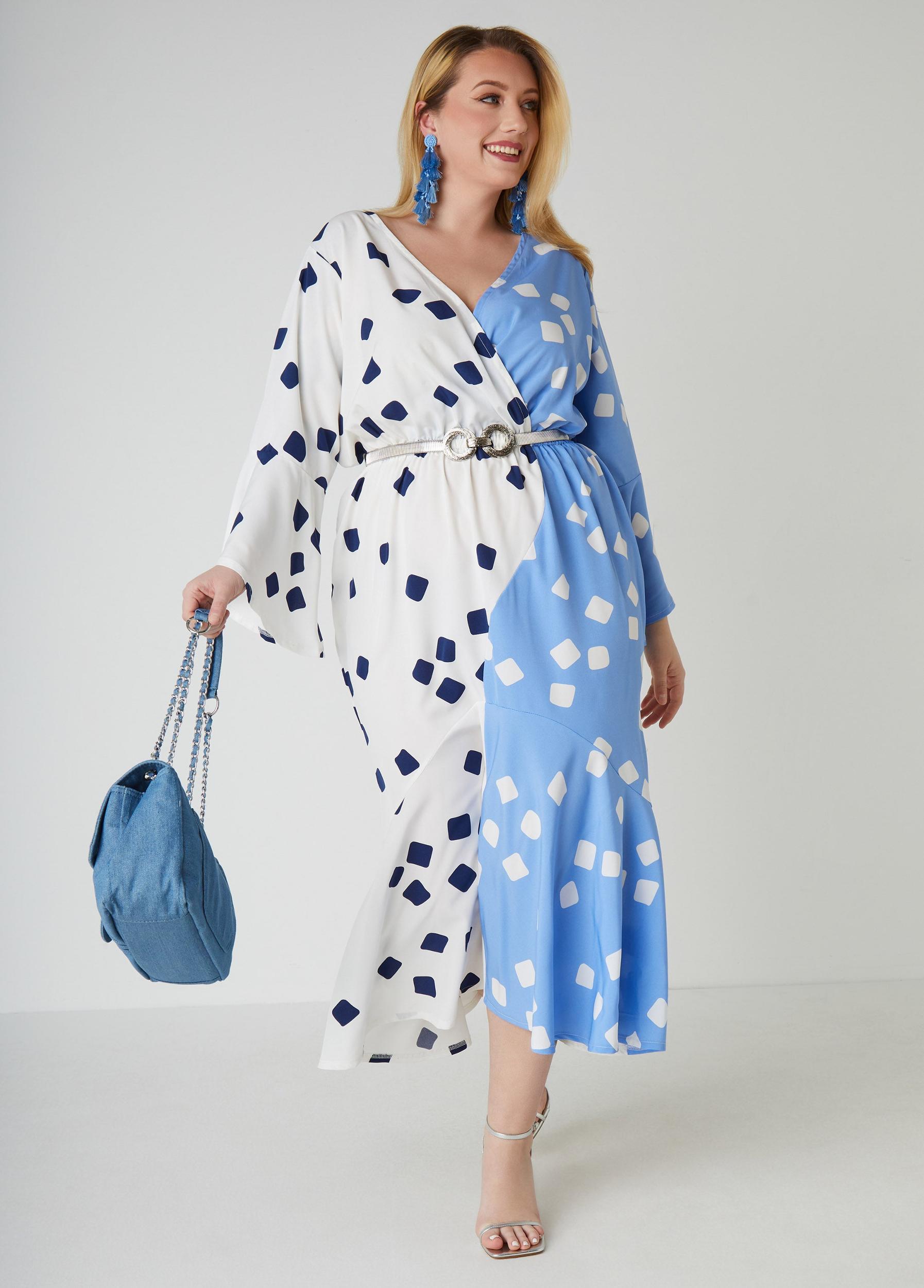 Printed Two Tone Faux Wrap Dress Product Image