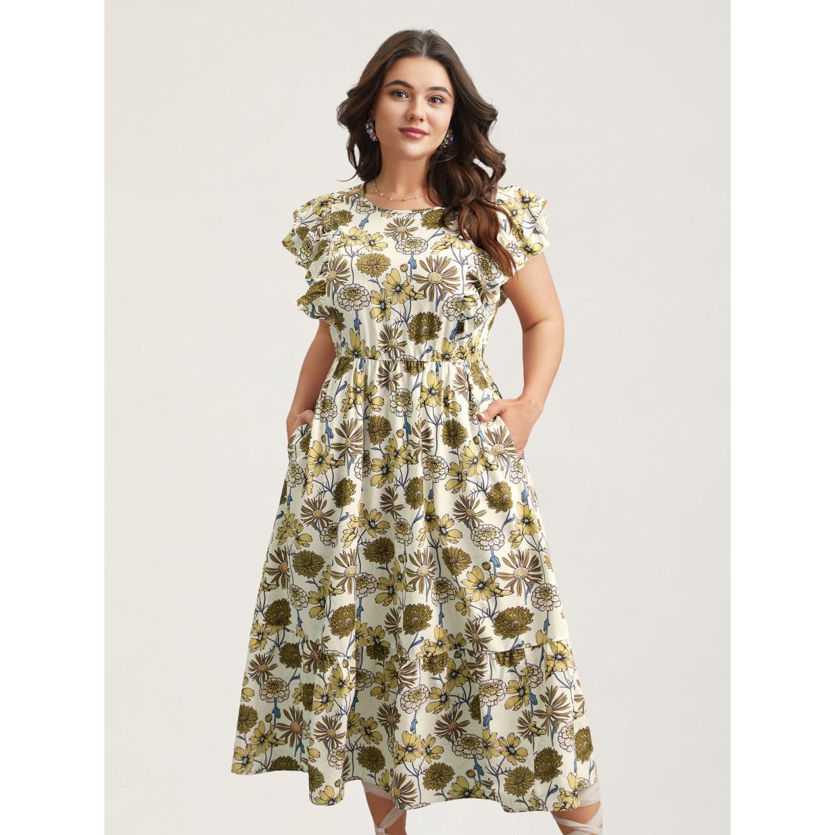 Plus Size Ruffled Floral Print Stretchy-Waist Midi Dress Lightyellow Women Elegant Ruffles Round Neck Cap Sleeve Curvy BloomChic 30/6X Product Image