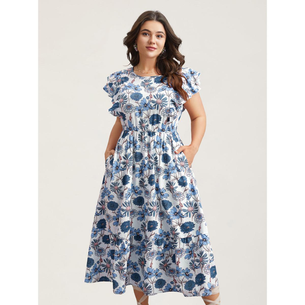 Plus Size Ruffled Floral Print Stretchy-Waist Midi Dress LightBlue Women Romantic Ruffles Round Neck Cap Sleeve Curvy BloomChic 10/M Product Image