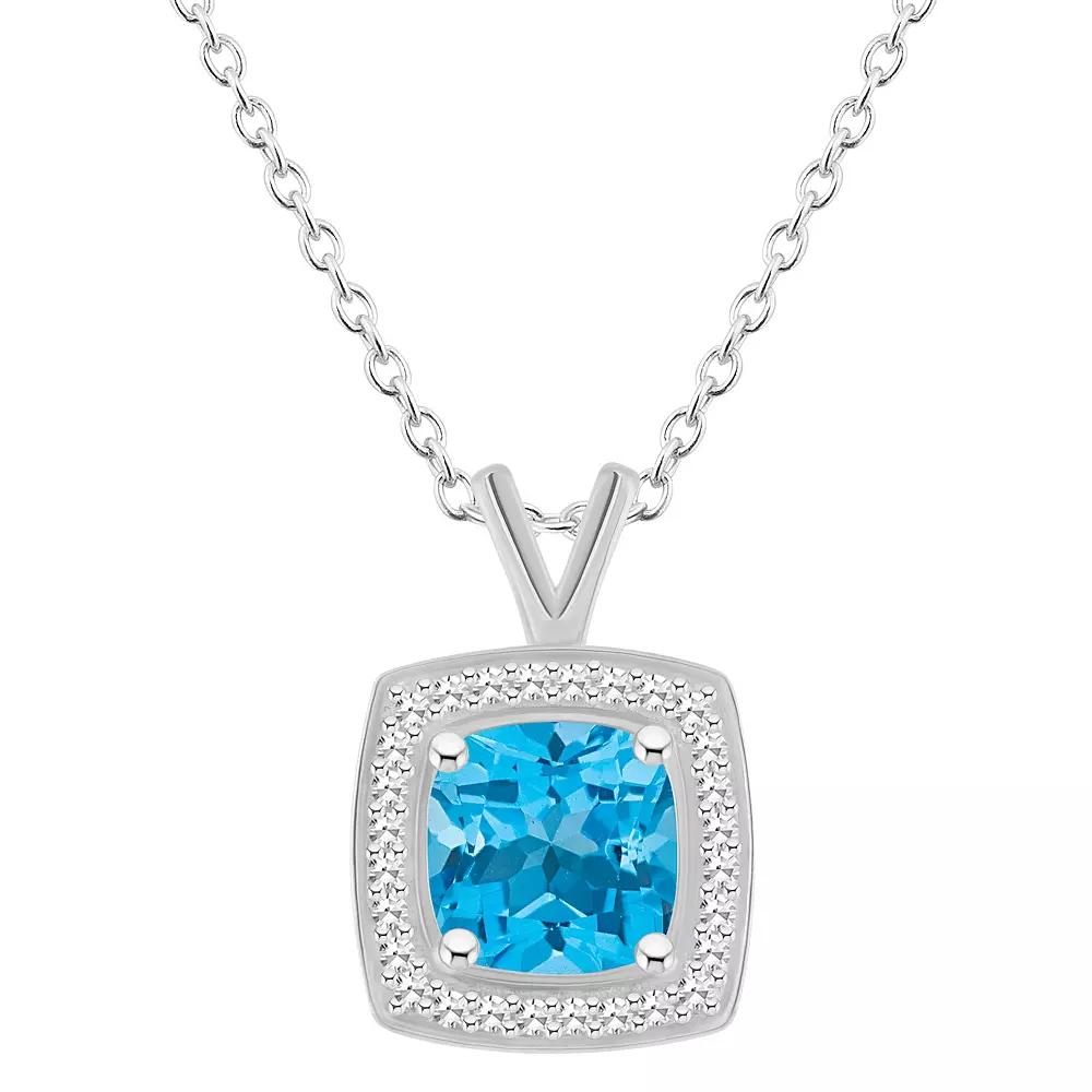 Celebration Gems Sterling Silver Cushion Gemstone & 1/8 Carat T.W. Diamond Halo Pendant Necklace, Women's, Size: 18", Blue Topaz Product Image