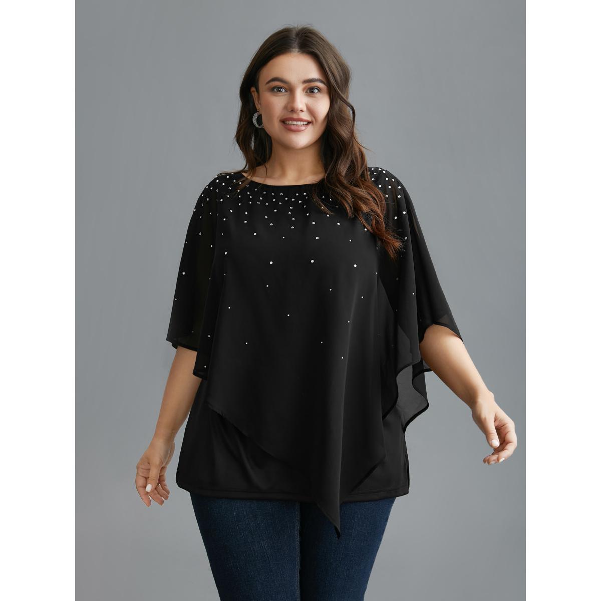 Plus Size Black Rhinestone Asymmetrical Hem Ruffle Sleeve Blouse Women Cocktail Half Sleeve Boat Neck Party Blouses BloomChic 10/M Product Image