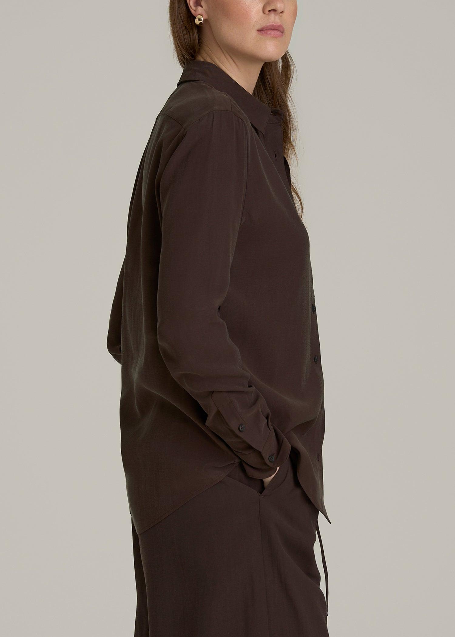 Relaxed Button-Up Single-Pocket Blouse for Tall Women in Espresso Female Product Image