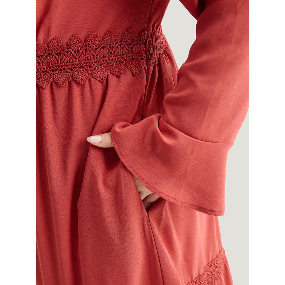Plus Size Contrast Lace Bell Sleeve Layered Hem Dress Crimson Women Elegant Plain V-neck Long Sleeve Curvy Midi Dress BloomChic 18-20/2X Product Image