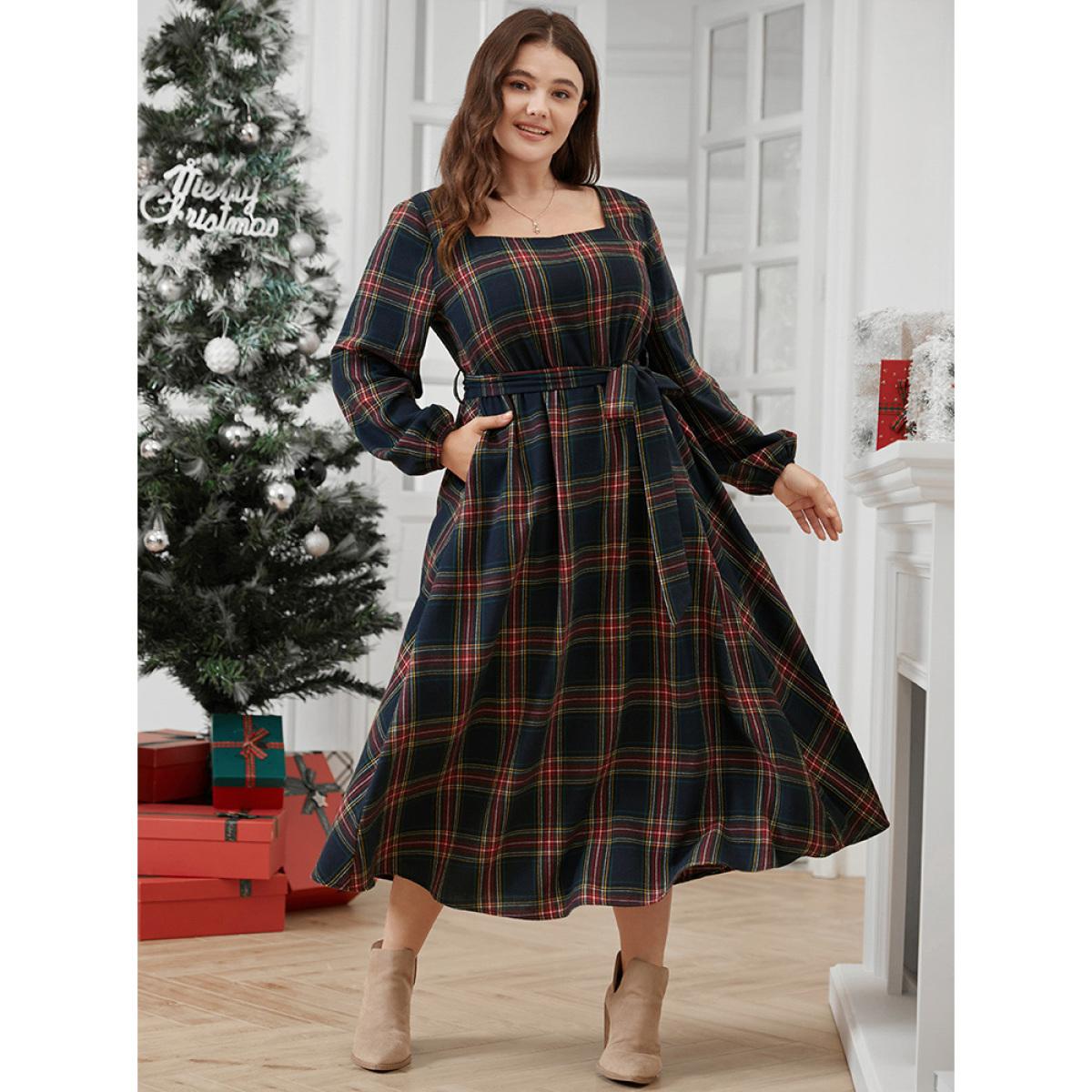 Plus Size Plaid Lantern Sleeve Pocket Belted Square Neck Dress Navy Women Elegant Pocket Square Neck Long Sleeve Curvy Midi Dress BloomChic 14-16/1X Product Image