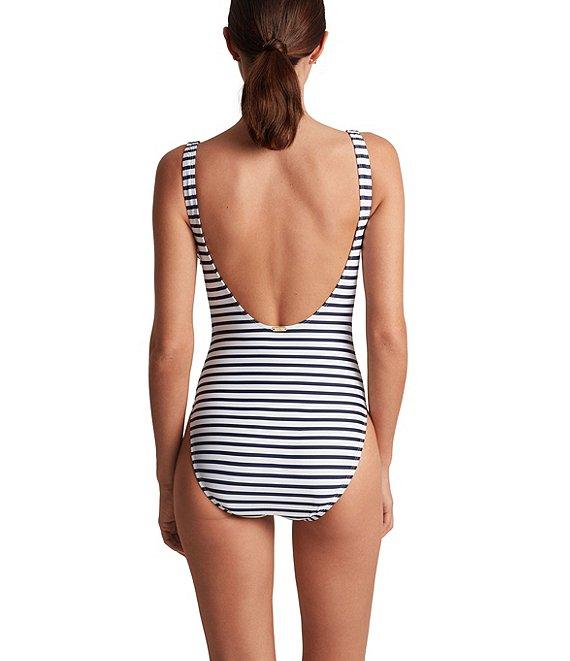 Lauren Ralph Lauren Lux Stripe Lace-Up Open Back Shaping Fit One Piece Swimsuit Product Image