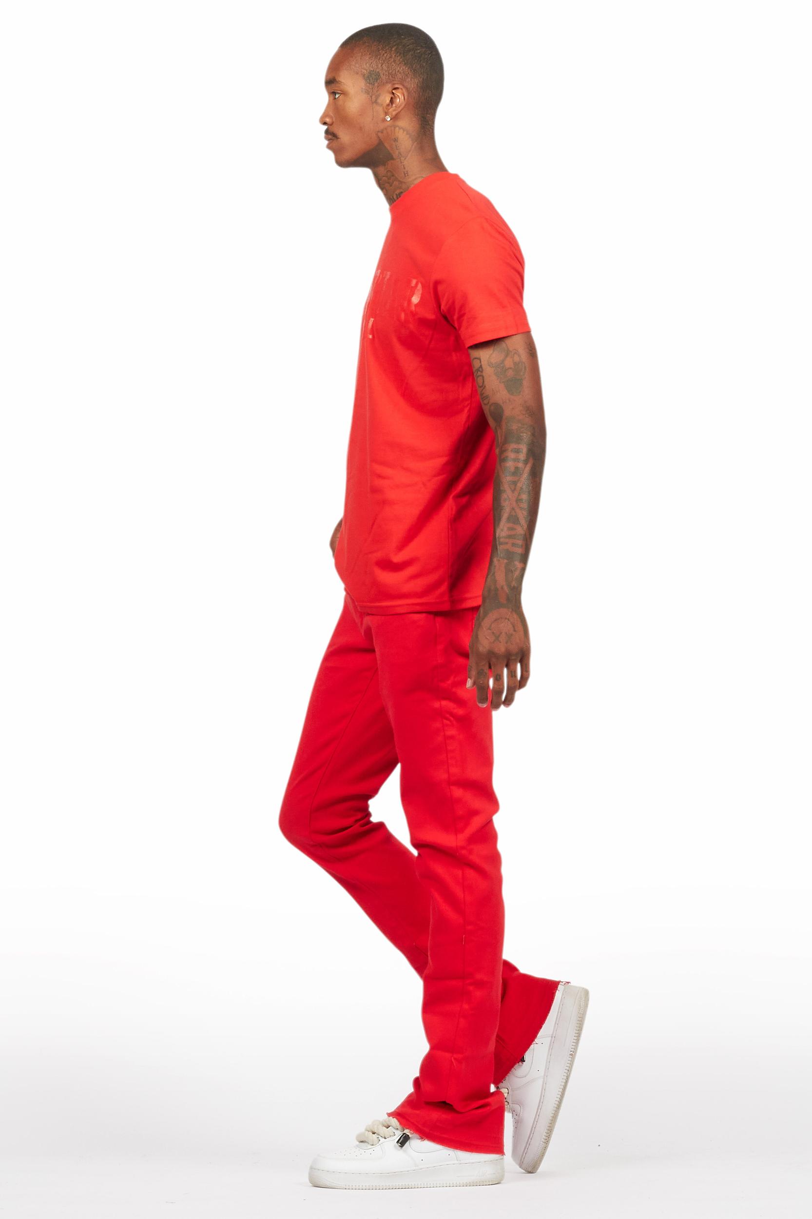 Sana Red T-Shirt/Dag Stacked Flare Jean Set Male Product Image
