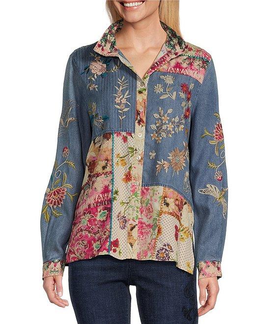 John Mark Embroidered Mixed Media Collar Long Sleeve Button Down Top Product Image