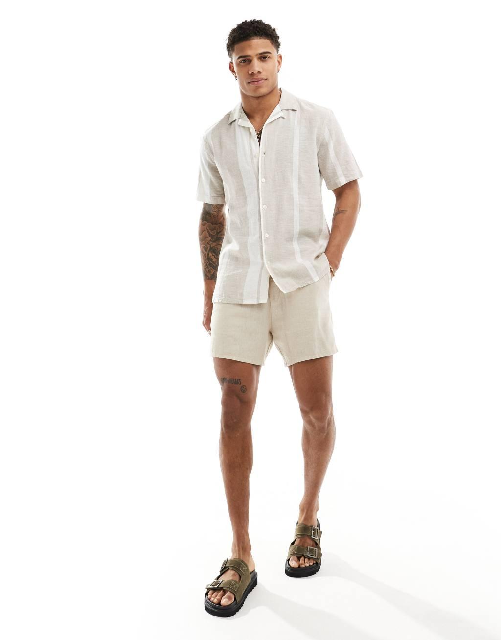 Only & Sons camp collar linen mix shirt in beige stripe Product Image