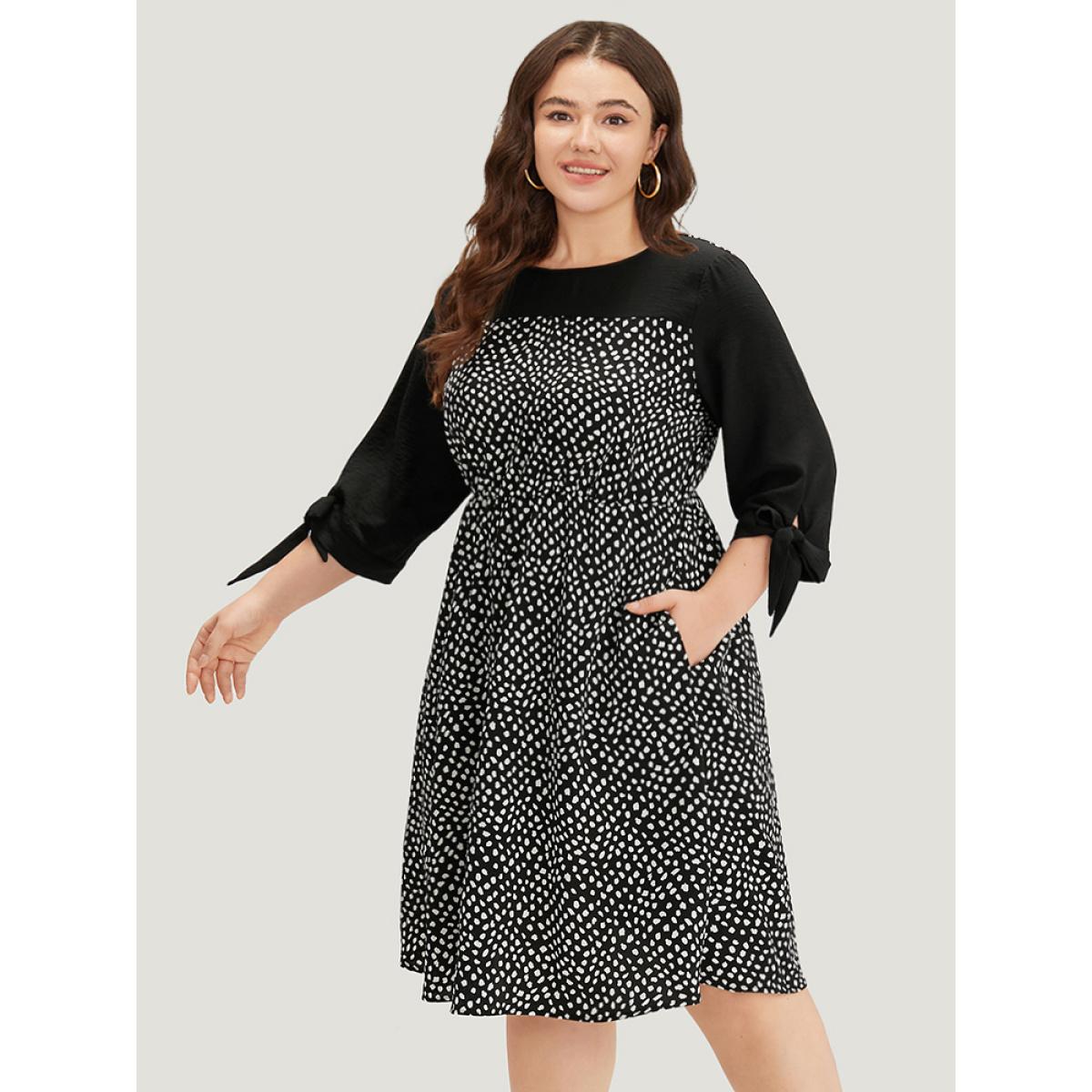 Plus Size Geometric Graphic Patchwork Knot Cuffs Dress Black Women Office Cross straps Round Neck Elbow-length sleeve Curvy Midi Dress BloomChic 26/4X Product Image