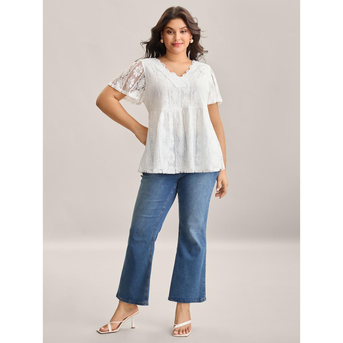 Plus Size V Neck Lace Mesh Plain T-Shirt Originalwhite Women Woven ribbon&lace trim V-neck Bodycon Everyday-Elegant T-shirts BloomChic 14-16/1X Product Image
