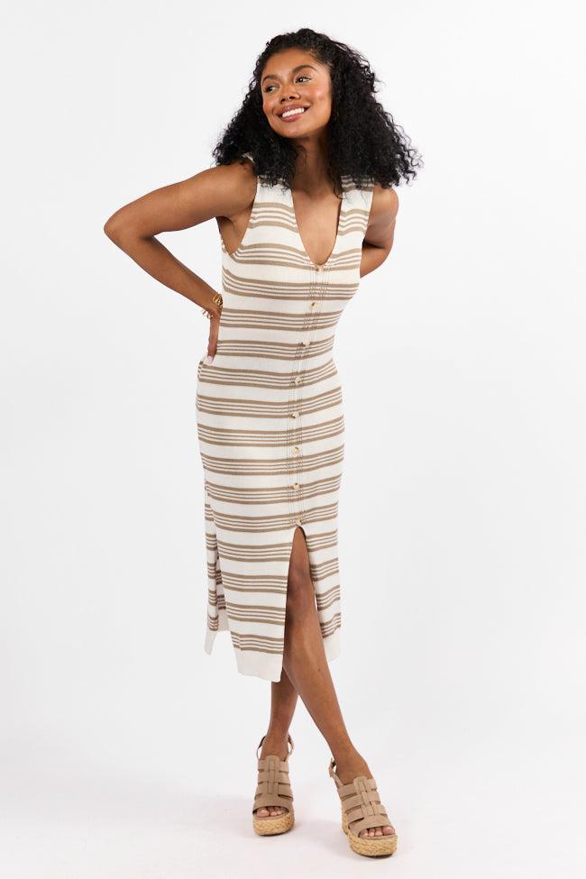 Endless Coastline Taupe and Ivory Striped Knit Sweater Dress FINAL SALE Product Image