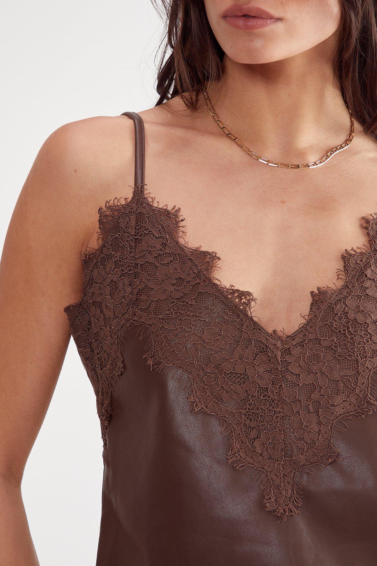 Eyelash Lace Trim Detail Faux Leather Cami Top Product Image