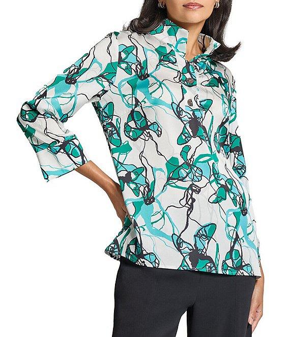 Ming Wang Printed Charmeuse Stand Collar Bracelet Sleeve Tunic Product Image