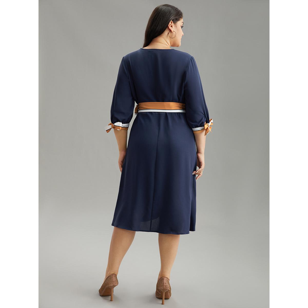 Plus Size Contrast Striped Patchwork Wrap Dress Midnight Women Elegant Wrap V-neck Elbow-length sleeve Curvy Midi Dress BloomChic 18-20/2X Product Image