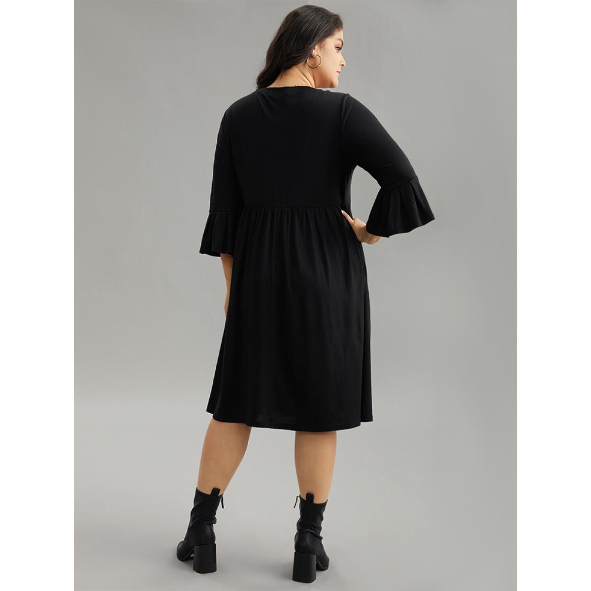 Plus Size Supersoft Essentials Solid Ruffles Pleated Dress Black Women Casual Pleated Round Neck Elbow-length sleeve Curvy Midi Dress BloomChic 28/5X Product Image